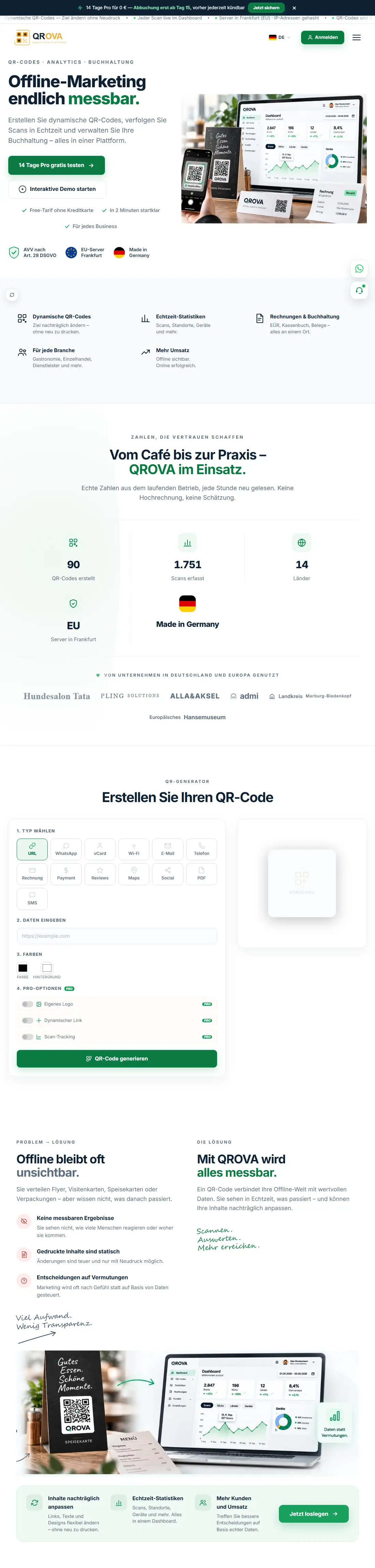 QROVA – Eigenes SaaS-Produkt, Desktop-Ansicht