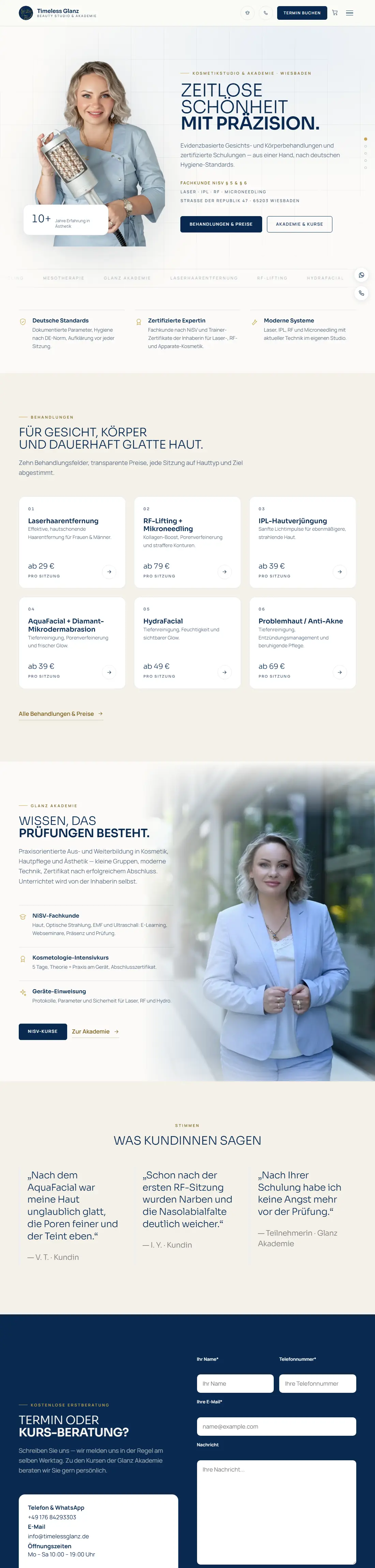 Timeless Glanz – Kosmetikstudio · Kundenprojekt, Desktop-Ansicht