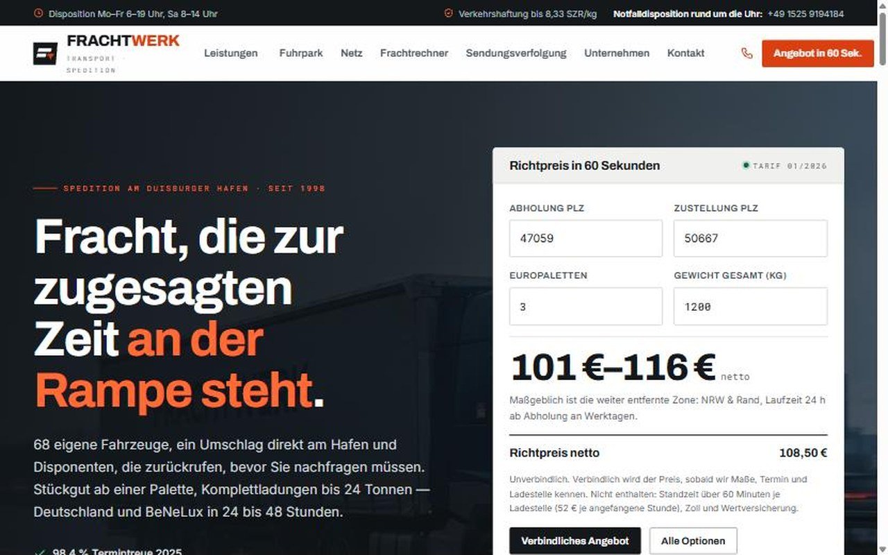 FRACHTWERK &mdash; Konzept-Auftritt einer Spedition mit Frachtrechner